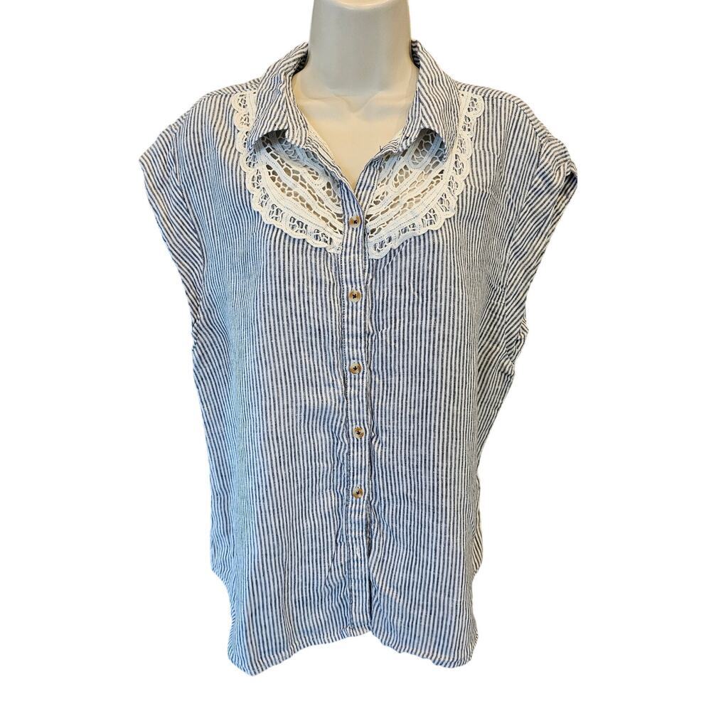 Anthropologie L chambray striped lace yolk open back linen blend cottagecore